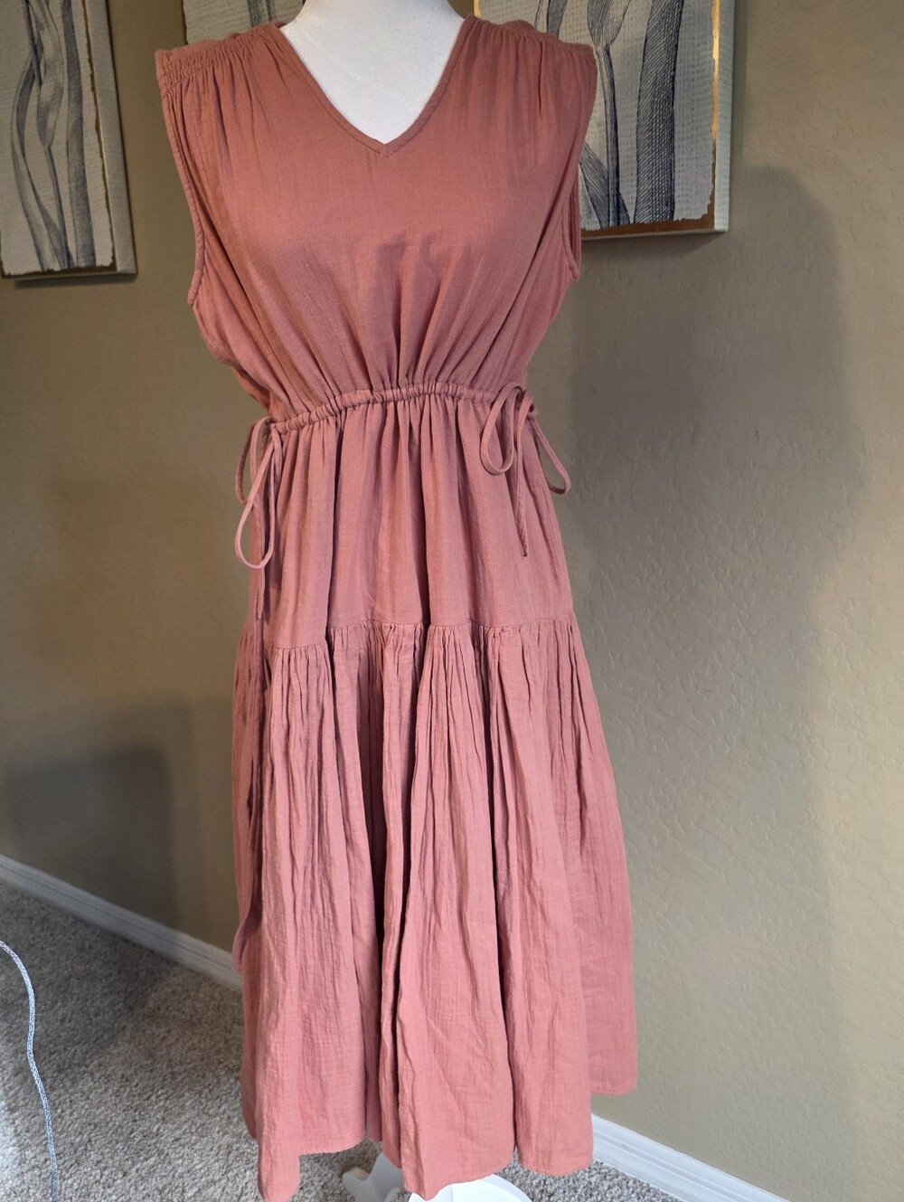 Caslon XS Dusty Rose 100% Cotton Tiered Midi Dress Drawstring Waist